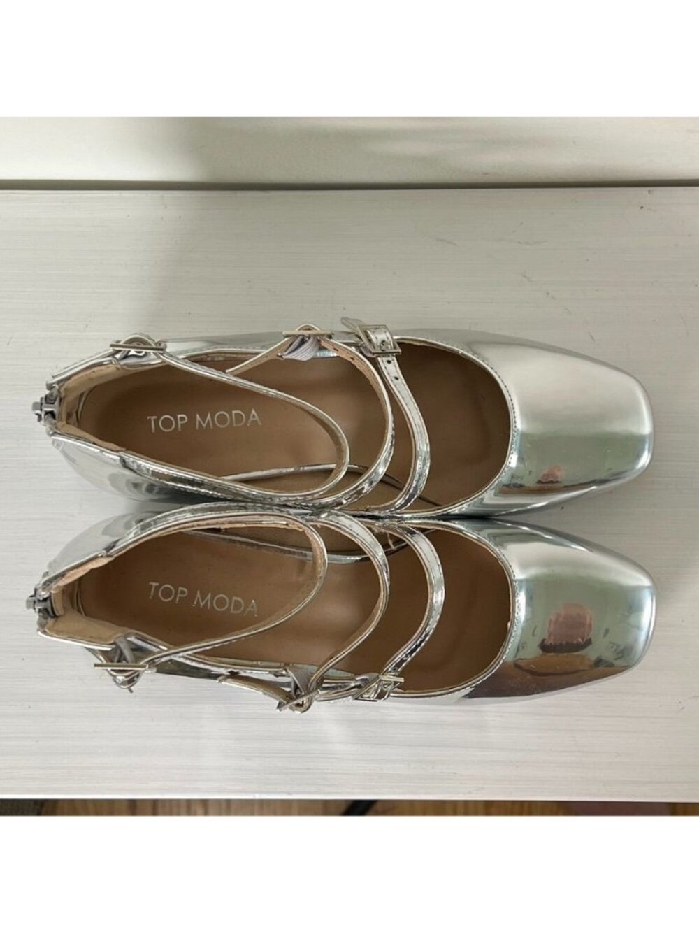 Silver Mirror Mary Jane Heel Women 7 Block Heel Y2K Party Disco Shoes Retro Glam - Picture 5 of 11